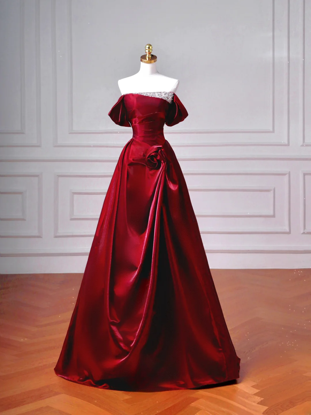 Elegantes Ballkleid, schulterfrei, burgunderrot, lang, formell, festlich, für Abschlussball, Abendveranstaltung, Dinnerpartys, AQ093