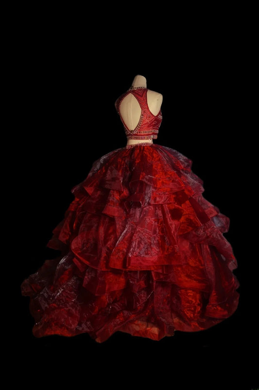 Classic Ball Gown 2 Pieces Burgundy Tulle Sleeveless With Beads Long Prom Dresses Senior Graduation Dance Evening Outfits AS092