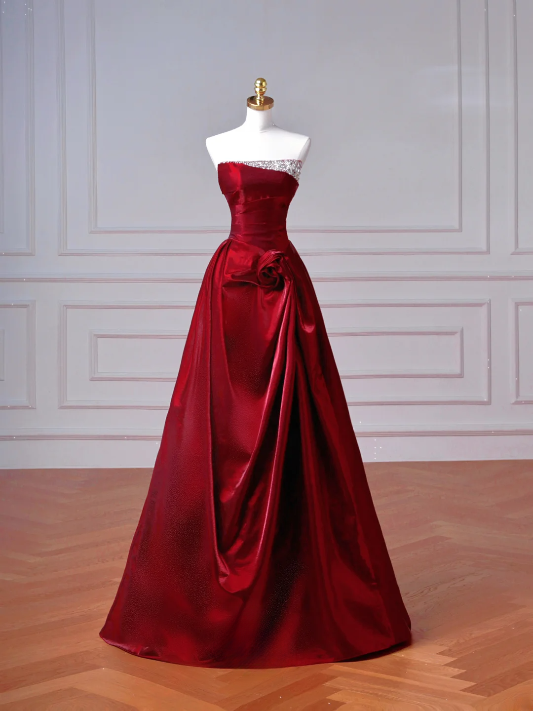 Elegantes Ballkleid, schulterfrei, burgunderrot, lang, formell, festlich, für Abschlussball, Abendveranstaltung, Dinnerpartys, AQ093