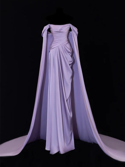 Elegantes, schlichtes Etuikleid mit schulterfreiem Schnitt in Flieder – Inspiration für jeden Stil. Beeindruckendes langes Abendkleid mit Cape-Ärmeln, SA094.