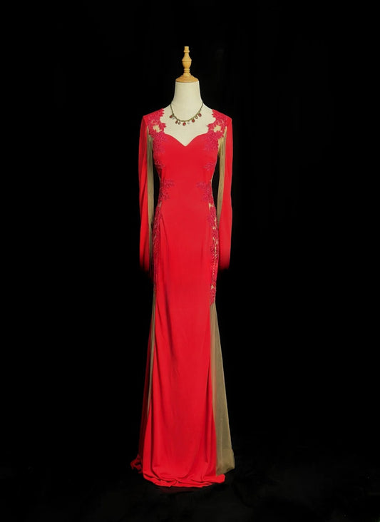 Vintage 60s Prom Dresses Mermaid Sweetheart Red With Lace Long Sleeves Prom Evening Dress Formal Outfits RB5900