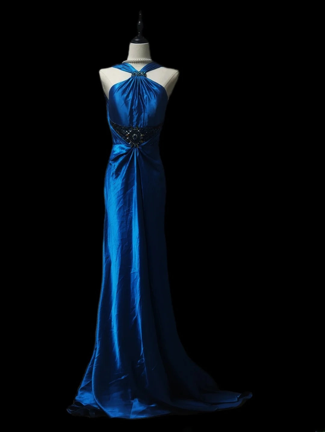 Retro 60er Jahre A-Linie Neckholder Königsblau Satin Ärmelloses Langes Abendkleid Inspiration Abschlussballkleid AS094