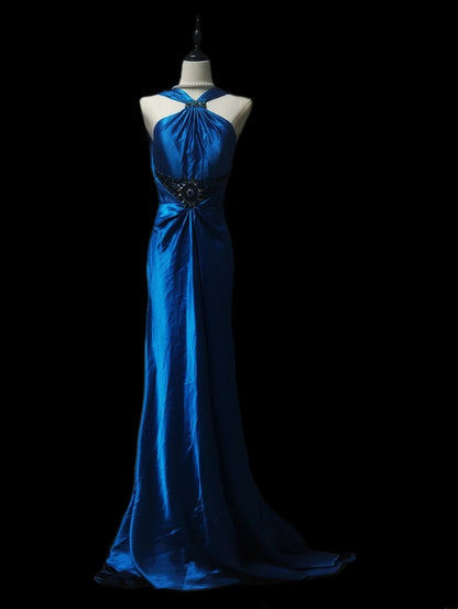 Retro 60er Jahre A-Linie Neckholder Königsblau Satin Ärmelloses Langes Abendkleid Inspiration Abschlussballkleid AS094