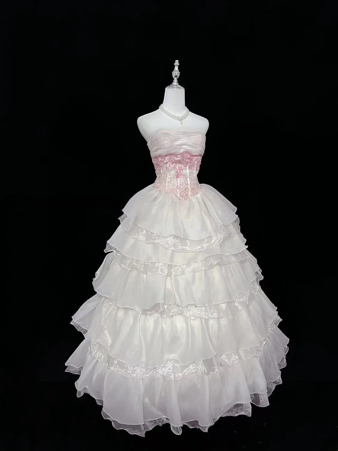 Cute Ball Gown Strapless Pink Organza With Appliqued Quince Dress Voluminous Sweet 16 Sweet Sixteen Outfits Vestido de 15 RB7465
