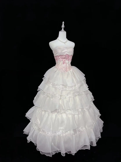 Cute Ball Gown Strapless Pink Organza With Appliqued Quince Dress Voluminous Sweet 16 Sweet Sixteen Outfits Vestido de 15 RB7465