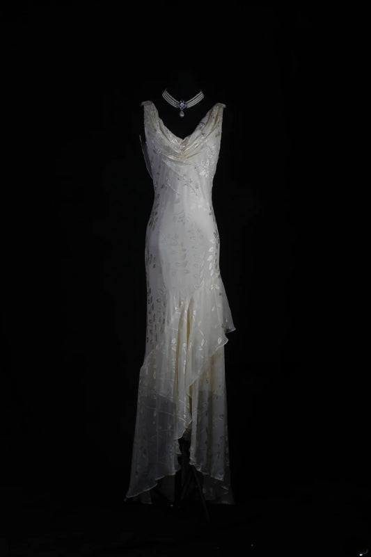 Chic Mermaid Cowl Neck White Lace High Low Chiffon With Beads Long Party Formal Women Prom Dresses AS094