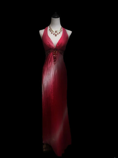 Robe de bal longue vintage années 1950, fourreau, dos nu, rose ombré et blanc, ornée de perles, idéale pour les élèves de terminale ou les soirées de fin d'année (AS095)