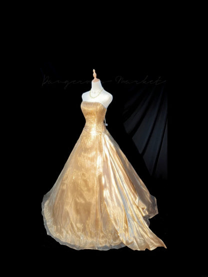 Princess Ball Gown Strapless Gold Satin Sleeveless With Beading Long Quinceanera Dress vestido de 15 de cenicienta RB3486