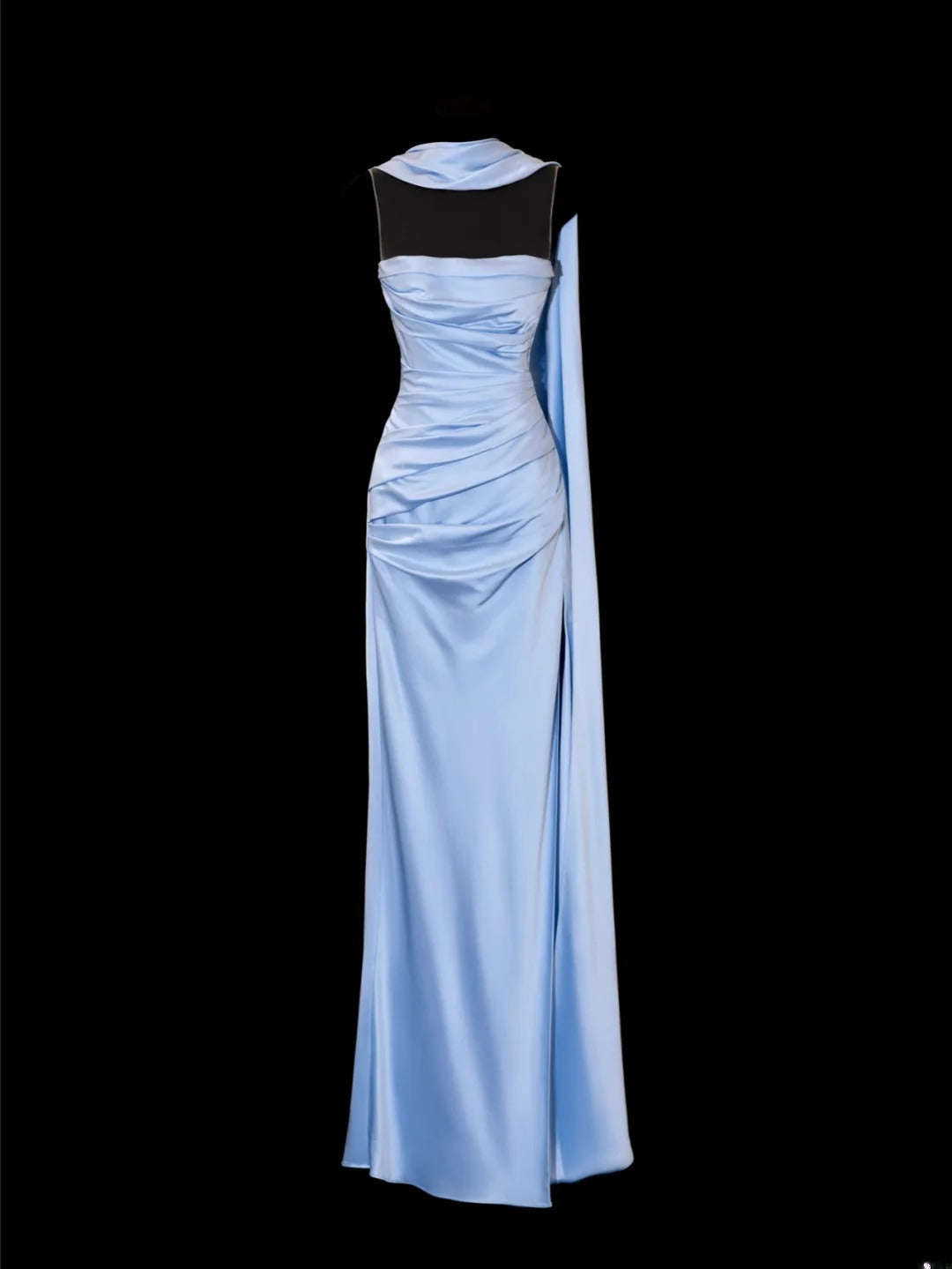 Robe de bal longue élégante en satin bleu ciel clair à fines bretelles et fourreau, style formel SA095