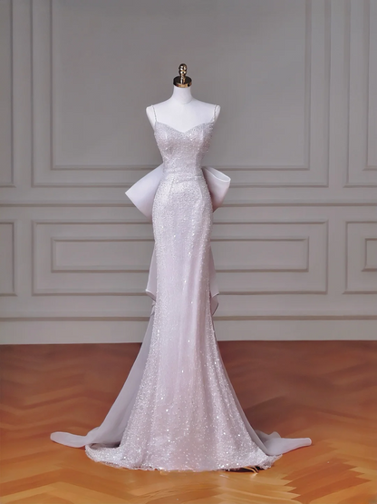 Robe de soirée longue sans manches à fines bretelles, style sirène, ornée de sequins et de perles, idéale pour un bal de promo ou un dîner chic (AQ095)
