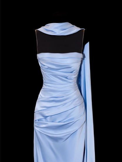 Robe de bal longue élégante en satin bleu ciel clair à fines bretelles et fourreau, style formel SA095