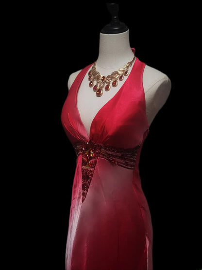 Robe de bal longue vintage années 1950, fourreau, dos nu, rose ombré et blanc, ornée de perles, idéale pour les élèves de terminale ou les soirées de fin d'année (AS095)