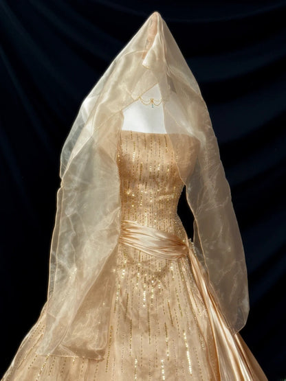 Princess Ball Gown Strapless Gold Satin Sleeveless With Beading Long Quinceanera Dress vestido de 15 de cenicienta RB3486