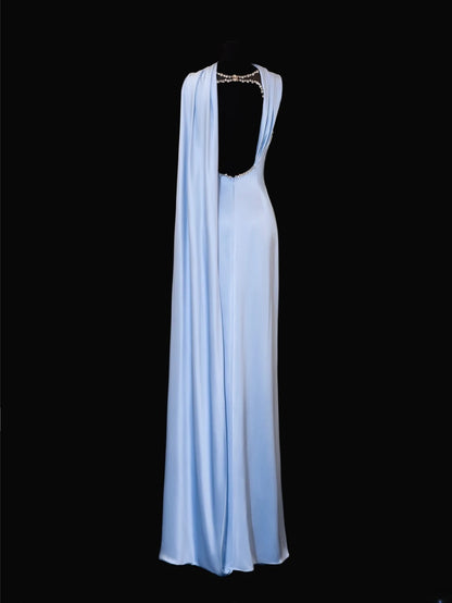 Robe de bal longue élégante en satin bleu ciel clair à fines bretelles et fourreau, style formel SA095