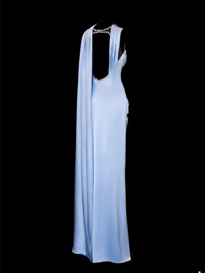 Robe de bal longue élégante en satin bleu ciel clair à fines bretelles et fourreau, style formel SA095