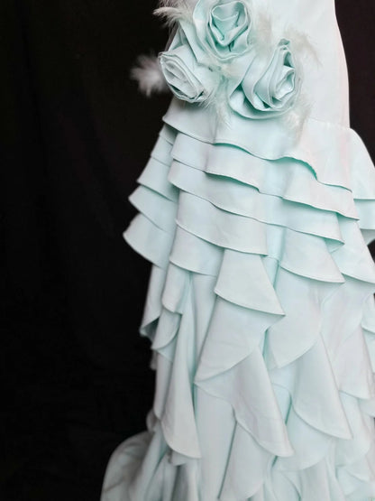 Vintage 60s Prom Dresses Mermaid One Shoulder Satin Tiffany Blue With Flowers Sleeveless Prom Evening Dress Formal Outfits RB5902