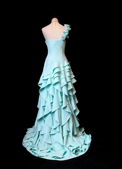 Vintage 60s Prom Dresses Mermaid One Shoulder Satin Tiffany Blue With Flowers Sleeveless Prom Evening Dress Formal Outfits RB5902