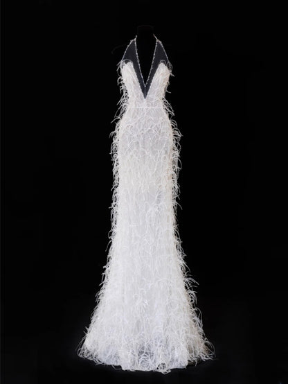 Robe de mariée intemporelle, robe sirène romantique à col en V ornée de plumes, blanche, tailles petites et grandes, pour femmes SA097