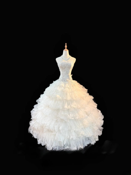 Princess Ball Gown Strapless White Sleeveless With Beading Tiered Layers Long Quinceanera Dress vestido de 15 de cenicienta RB3487