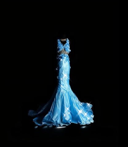 Vintage Mermaid V Neck Blue With 3D Flowers Long Prom Dress Formal Dress Party Dresses RB7086