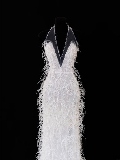 Robe de mariée intemporelle, robe sirène romantique à col en V ornée de plumes, blanche, tailles petites et grandes, pour femmes SA097
