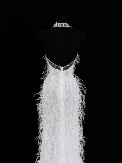 Robe de mariée intemporelle, robe sirène romantique à col en V ornée de plumes, blanche, tailles petites et grandes, pour femmes SA097