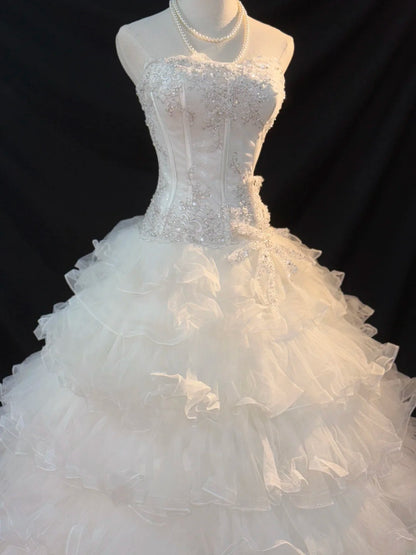 Princess Ball Gown Strapless White Sleeveless With Beading Tiered Layers Long Quinceanera Dress vestido de 15 de cenicienta RB3487
