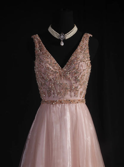 Cocktailkleid für Damen, A-Linie, V-Ausschnitt, zartrosa mit perlenbesetztem Oberteil, langes Abendkleid für Abschlussfeiern, Ballkleid AS097
