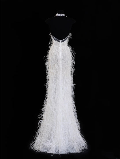 Robe de mariée intemporelle, robe sirène romantique à col en V ornée de plumes, blanche, tailles petites et grandes, pour femmes SA097
