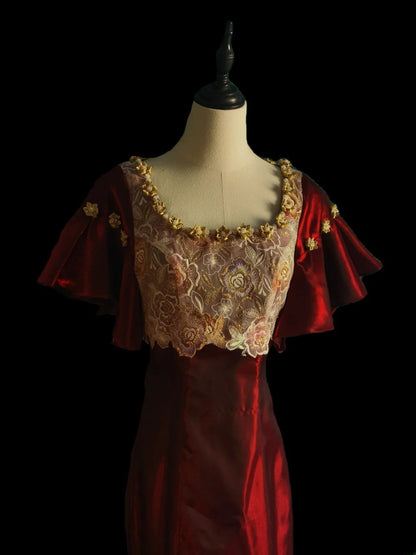 Robe de bal longue bordeaux classique à col carré et manches courtes, style sirène, pour les élèves de terminale (AS098)