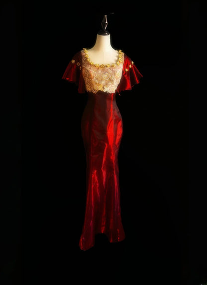 Robe de bal longue bordeaux classique à col carré et manches courtes, style sirène, pour les élèves de terminale (AS098)