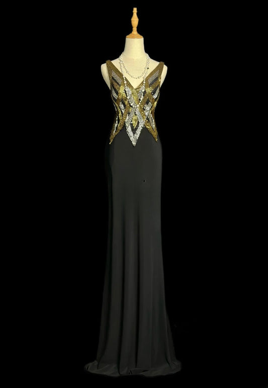 Vintage 80s Prom Dresses Mermaid V Neckline Black Chiffon With Gold Beaded Long Evening Dress Formal Outfits RB5904