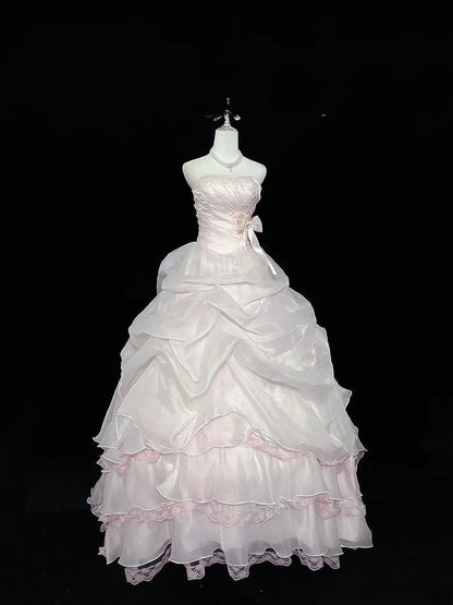 Cute Ball Gown Strapless Light Pink Organza With Beading Quince Dress Voluminous Sweet 16 Sweet Sixteen Outfits Vestido de 15 RB7469