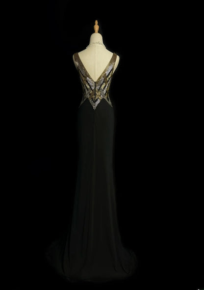 Vintage 80s Prom Dresses Mermaid V Neckline Black Chiffon With Gold Beaded Long Evening Dress Formal Outfits RB5904