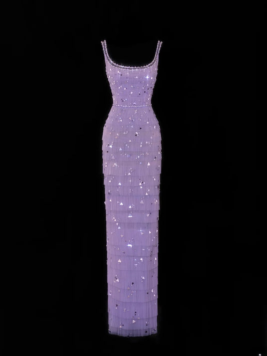 Classy Sheath Square Neck Lilac Tulle With Beads Gem Formal Style Impress Long Prom Dresses Party Gowns SA099