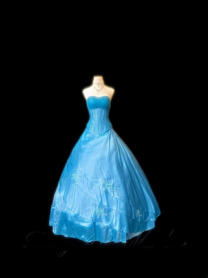 Modest Ball Gown Strapless Blue Satin Sleeveless With Beading Long Quinceanera Dress vestido de 15 de cenicienta RB3489