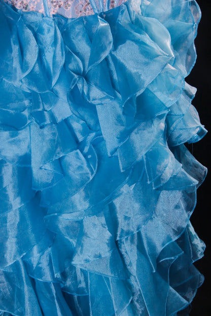 Vintage-Ballkleider, Cocktailkleider für Damen, High-Low-Ausschnitt, Herzausschnitt, Blau mit gestuften, perlenbesetzten Oberteilen, lange Kleider für Abschlussfeiern, Ballkleider AS099