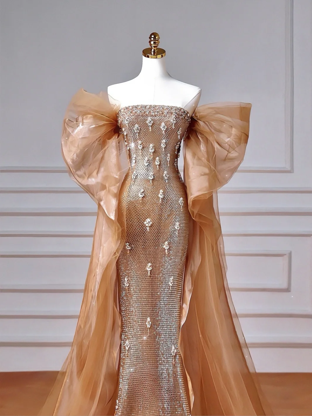 Sparkly Mermaid Strapless Sequins With Beaded Short Sleeves Long Formal Fancy Prom Evening Dress Dinner Outfits Party Gowns AQ099