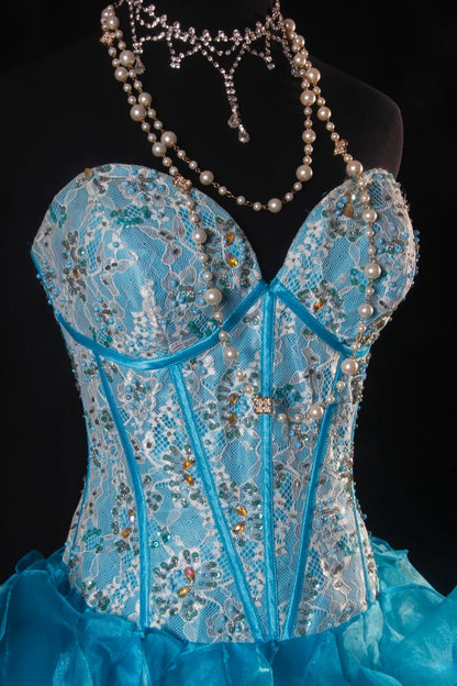 Vintage-Ballkleider, Cocktailkleider für Damen, High-Low-Ausschnitt, Herzausschnitt, Blau mit gestuften, perlenbesetzten Oberteilen, lange Kleider für Abschlussfeiern, Ballkleider AS099