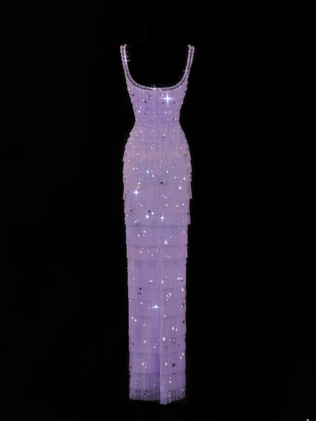 Elegantes, eckiges Etuikleid aus lila Tüll mit Perlen und Strasssteinen im formellen Stil – ein beeindruckendes langes Ballkleid oder Abendkleid SA099