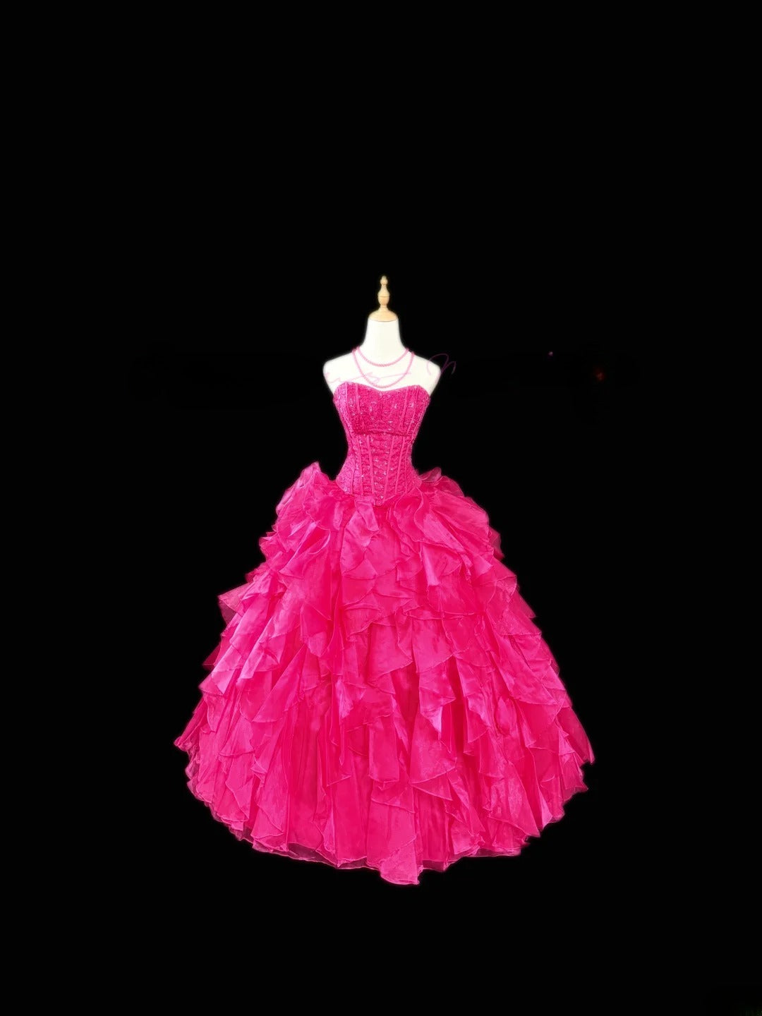 Modest Ball Gown Strapless Hot Pink Sleeveless With Beading Tiered Layers Long Quinceanera Dress vestido de 15 de cenicienta RB3490