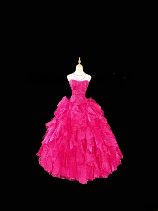 Modest Ball Gown Strapless Hot Pink Sleeveless With Beading Tiered Layers Long Quinceanera Dress vestido de 15 de cenicienta RB3490