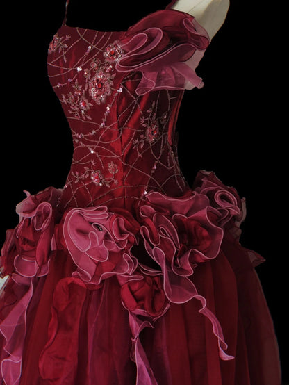 Einzigartiges Ballkleid mit Spaghettiträgern, burgunderrotem Tüll und Perlen, langes Kleid für Abschlussball, Quinceañera, Sweet 15, 16. Geburtstag, AS100