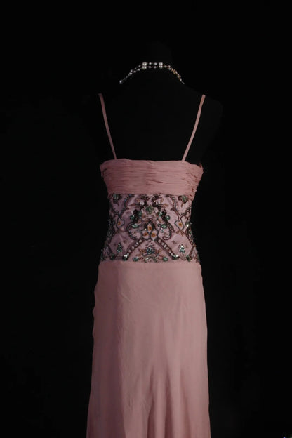 Vintage A Line Spaghetti Strap Pink Floor Length Chiffon Party Dress With Beads 1950s Retro Classy Birthday Dinner Prom Dresses AS100