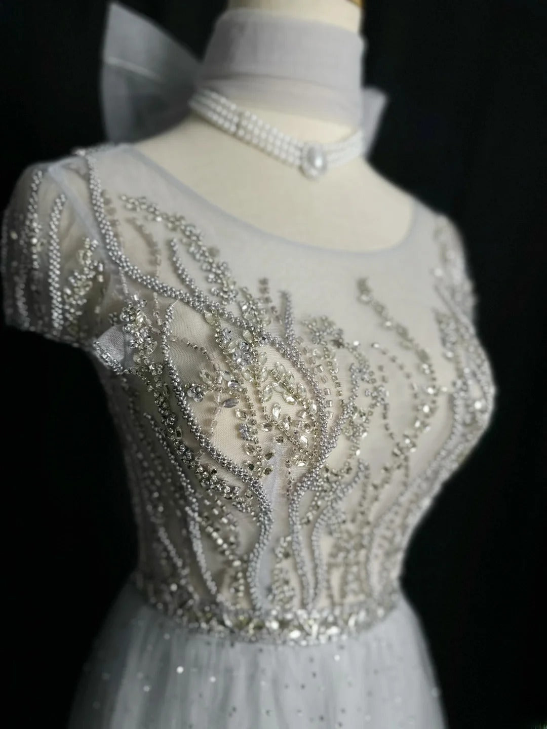 Vintage 1980s Prom Dresses A Line Scoop Light Gray Tulle With Beaded Evening Dress Formal Outfits RB5906
