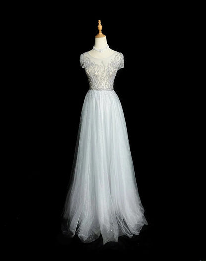 Vintage 1980s Prom Dresses A Line Scoop Light Gray Tulle With Beaded Evening Dress Formal Outfits RB5906