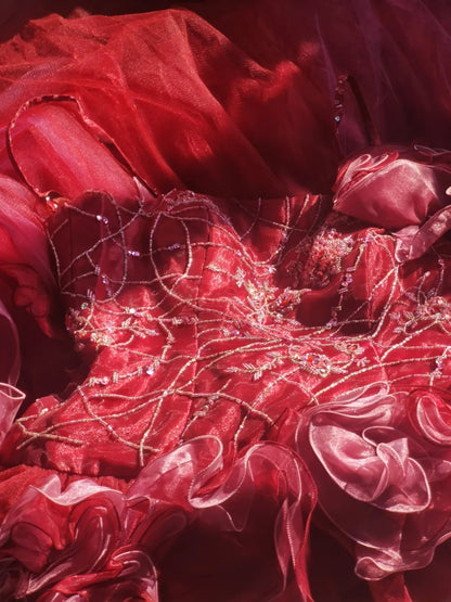 Einzigartiges Ballkleid mit Spaghettiträgern, burgunderrotem Tüll und Perlen, langes Kleid für Abschlussball, Quinceañera, Sweet 15, 16. Geburtstag, AS100