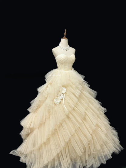 Cute Ball Gown Sweetheart Tulle Champagne With Flowers Quince Dress Voluminous Sweet 16 Sweet Sixteen Outfits Vestido de 15 RB7471