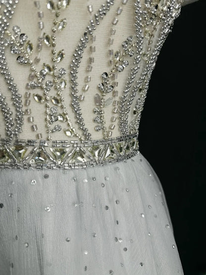 Vintage 1980s Prom Dresses A Line Scoop Light Gray Tulle With Beaded Evening Dress Formal Outfits RB5906