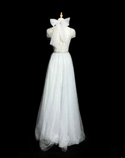 Vintage 1980s Prom Dresses A Line Scoop Light Gray Tulle With Beaded Evening Dress Formal Outfits RB5906